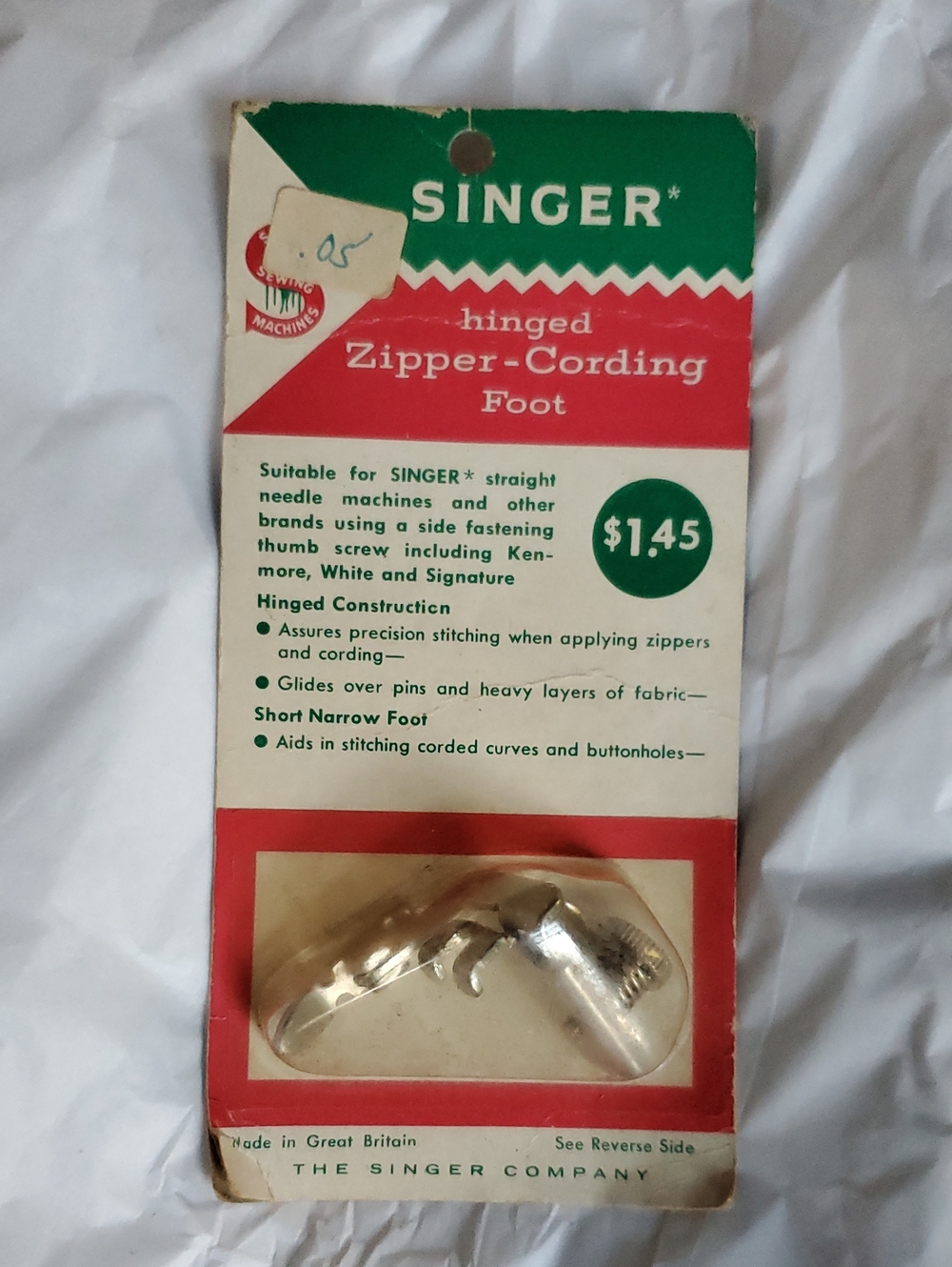 Vintage SINGER Sewing Machine Hinged Zipper-Cording Foot - Great Britain New
